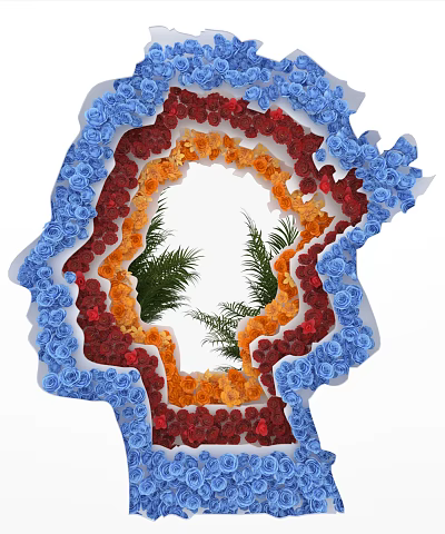 Creative Floral Design with Blue Red Orange Flowers in Human Head Silhouette and Green Foliage 3d model