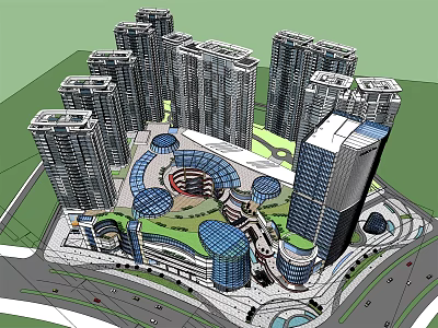 Modern Urban High Rise Architectural Complex With Central Green Space And Roads 3d model