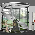 Spiral Staircase With Glass Railing In Modern Interior Large Windows And Indoor Plants