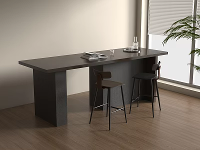 Modern Black Bar Stools By Wooden Counter In Bright Interior With Plant 3d model