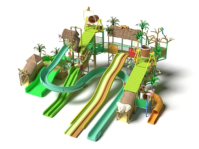 Natural Garden Landscape With Kids Playground Slides Huts And Palm Trees 3d model