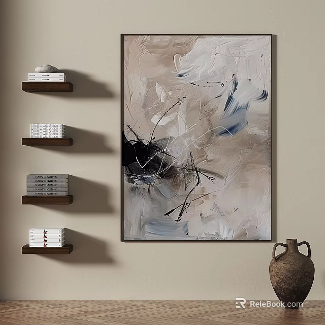 Abstract Painting In Neutral Tones Hanging On Beige Wall With Shelves And Ceramic Vase 3d model 