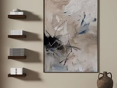 Abstract Painting In Neutral Tones Hanging On Beige Wall With Shelves And Ceramic Vase 3d model