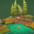 Cartoon Island Scene With Pine Trees Wooden Cabin Green Water Rocks And Wooden Fence