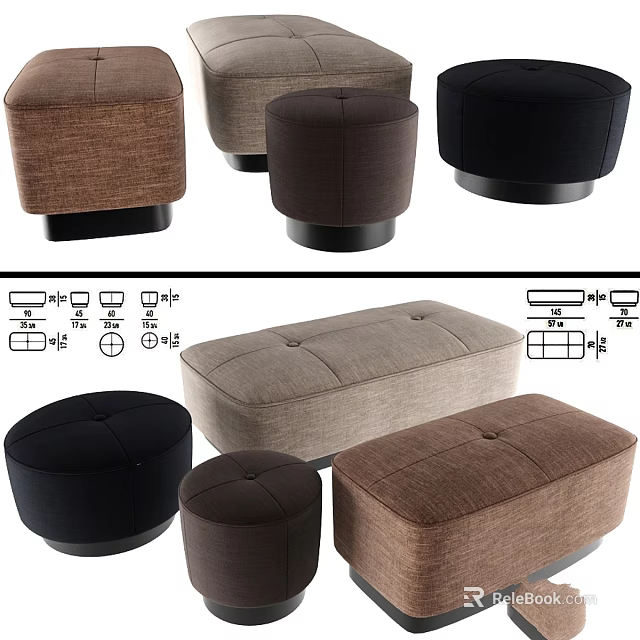 Upholstered Ottoman Stools In Various Styles Round Rectangular Shapes Brown Black Beige 3d model 