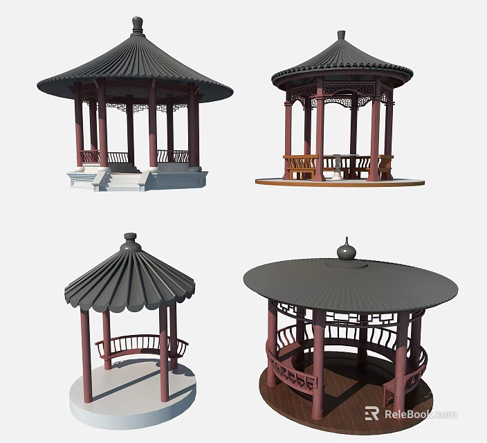 Chinese Style Pavilions Showcasing Various Traditional Roofs Red Pillars And Unique Bases 3d model 