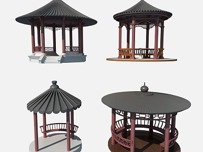 Chinese Style Pavilions Showcasing Various Traditional Roofs Red Pillars And Unique Bases 3d model