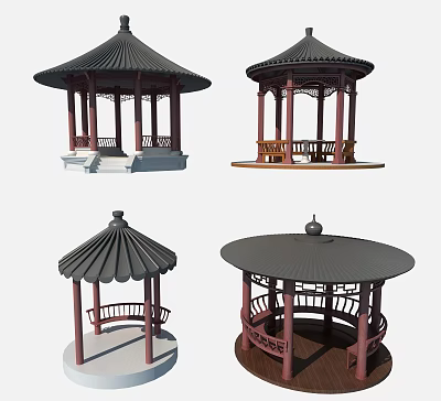 Chinese Style Pavilions Showcasing Various Traditional Roofs Red Pillars And Unique Bases 3d model