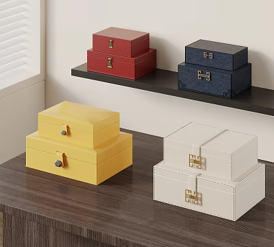 Stacked Various Colorful Decorative Ornament Boxes Set on Shelf and Table 3d model