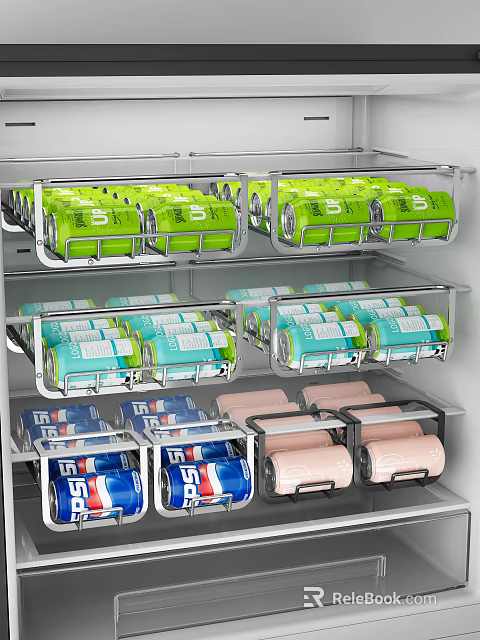 Interior Of Kitchen Cabinets With Metal Racks Holding Colorful Canned Drinks 3d model 