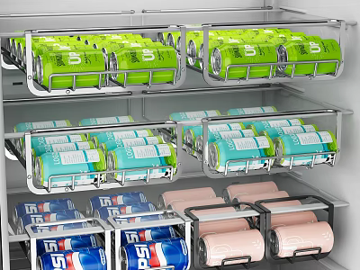 Interior Of Kitchen Cabinets With Metal Racks Holding Colorful Canned Drinks 3d model