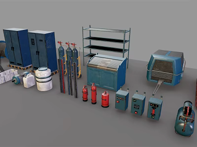 Various Industrial Equipment Including Blue Lockers Metal Shelves Gas Cylinders Fire Extinguishers And Control Panels 3d model