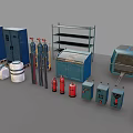 Various Industrial Equipment Including Blue Lockers Metal Shelves Gas Cylinders Fire Extinguishers And Control Panels