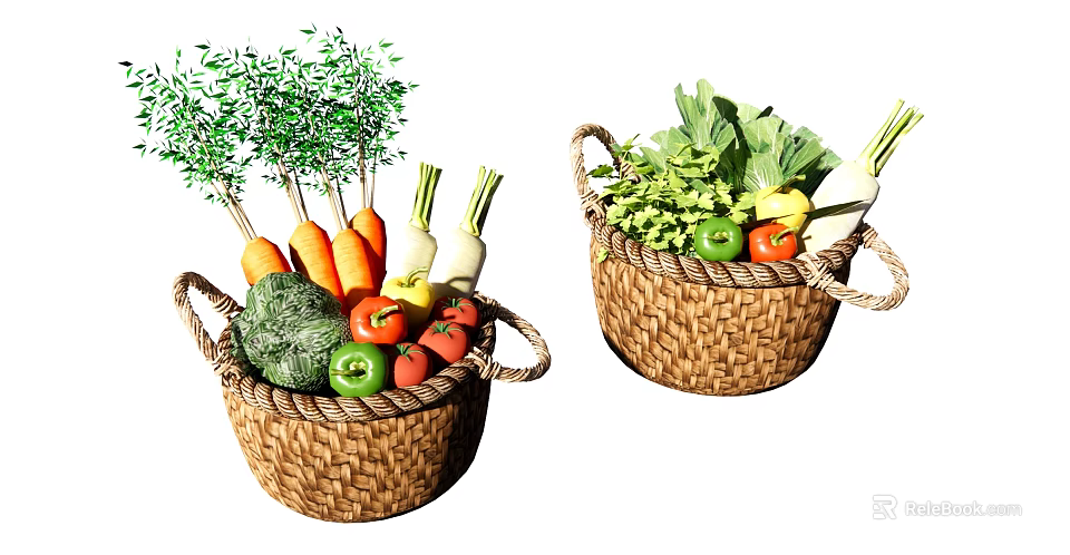 Fresh Assorted Vegetables in Wicker Baskets with Carrots Cabbage and Bell Peppers 3d model 