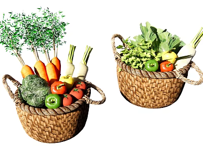 Fresh Assorted Vegetables in Wicker Baskets with Carrots Cabbage and Bell Peppers 3d model