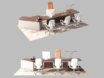 Modern Office Desk Setup With White Chairs Computer Desk Lamp And Wooden Top 3d model