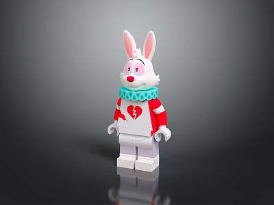 Lego Style Rabbit With Pink Ears Red Nose Red White Outfit Heart Pattern Blue Collar 3d model