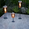 Stylish Floor Standing Outdoor Lights With Transparent Shades Flame Effect And Green Plants