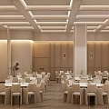 Spacious Modern Banquet Hall With Beige Walls Grid Patterned Ceiling And White Tables Chairs