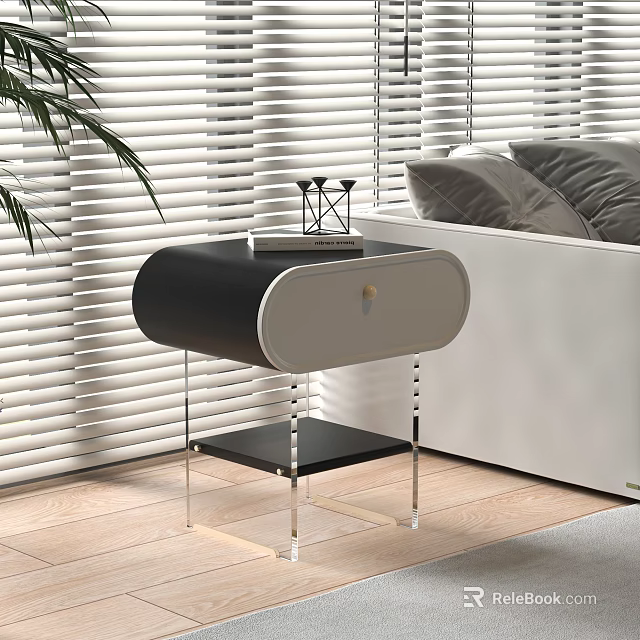 Black and White Nightstand With Transparent Legs Book And Decorative Item Near Sofa 3d model 