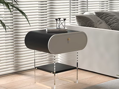 Black and White Nightstand With Transparent Legs Book And Decorative Item Near Sofa 3d model
