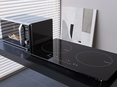 Sleek Modern Kitchen Counter Featuring Black Microwave And Glass Cooktop Appliances 3d model