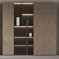 Modern Wooden Bookcase with Layered Shelves LED Lighting and Decorative Elements 3d model