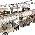 Colorful Mobile Food Carts With Striped Canopies Decorative Banners And Varied Designs
