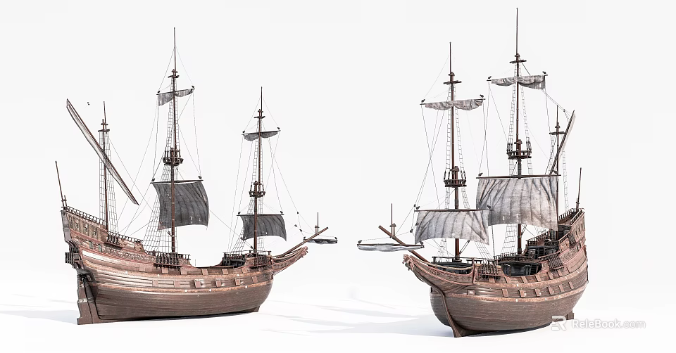 Two Wooden Tall Sailing Ships Featuring Multiple Masts And White Sails 3d model 