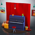 Blue Piano With Red Stool Yellow Box Green Plant And Wall Paintings On Red Background