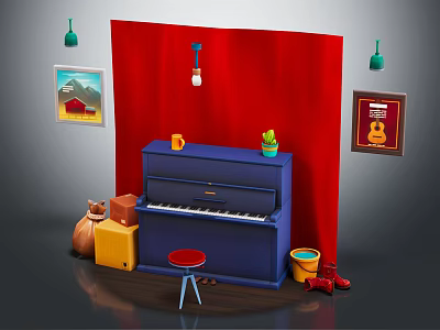 Blue Piano With Red Stool Yellow Box Green Plant And Wall Paintings On Red Background 3d model