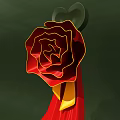 Elegant Red Cape With Flowing Fabric And Decorative Red Rose Golden Accent