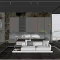 Modern Bedroom Interior With Stone Wall King Bed Sofa And Large Window