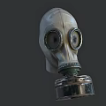 White Gas Mask With Round Lenses And Metal Filter Canister Isolated On Dark Background