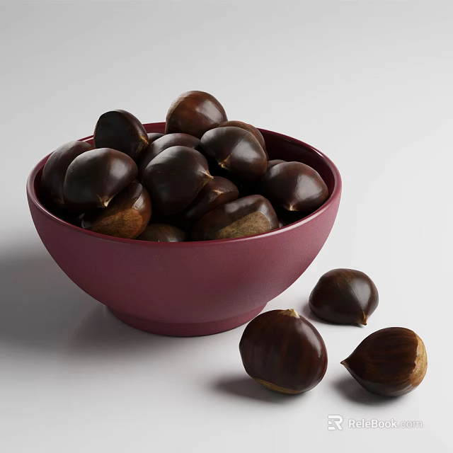 Fresh Chestnuts in Red Bowl Filled with Whole Nuts and Scattered Ones 3d model 
