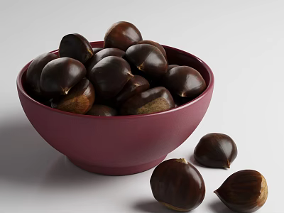 Fresh Chestnuts in Red Bowl Filled with Whole Nuts and Scattered Ones 3d model