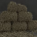 Stacked Dry Hay Bales In Rural Farm Setting With Scattered Straw