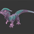 3D Horned Fantasy Creature With Green Blue Stripes And Sharp Teeth