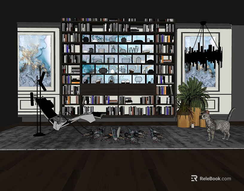 Contemporary Bookcase With Books Decorations Chaise Lounge And Potted Plant Near Wall Art 3d model 