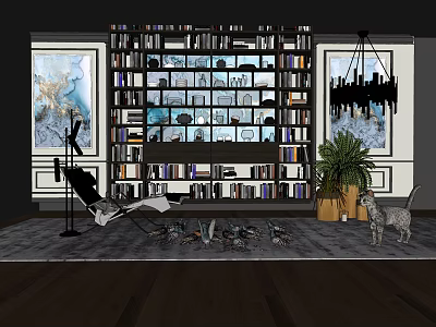 Contemporary Bookcase With Books Decorations Chaise Lounge And Potted Plant Near Wall Art 3d model