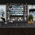 Contemporary Bookcase With Books Decorations Chaise Lounge And Potted Plant Near Wall Art