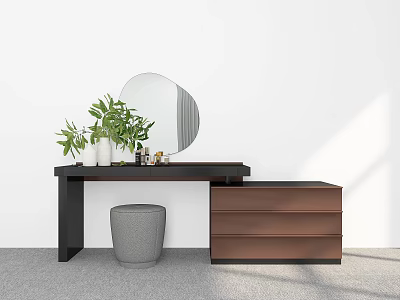 Modern Dressing Table with Round Mirror Green Plants and Brown Drawers in Minimalist Interior Design 3d model
