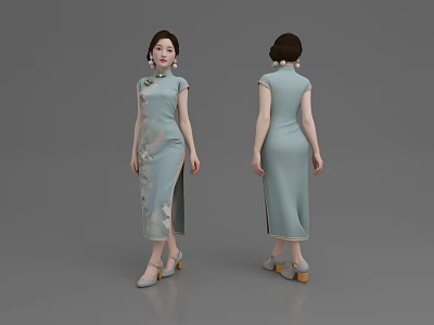Woman in Light Blue Cheongsam with Floral Patterns Front and Back Views on Gray Background 3d model