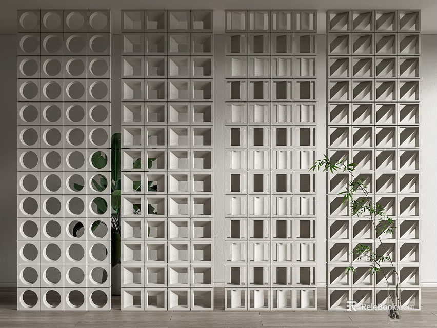 White Modern Room Dividers Featuring Circular Holes And Square Grid Patterns 3d model