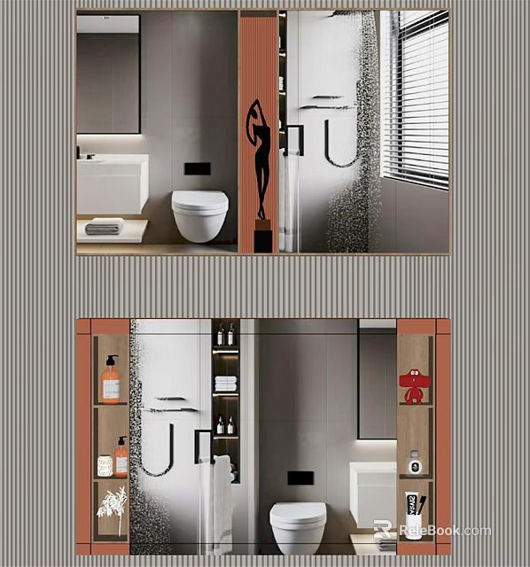Modern Bathroom Interior Design With Stylish Toilet Storage Cabinets And Mirror 3d model 