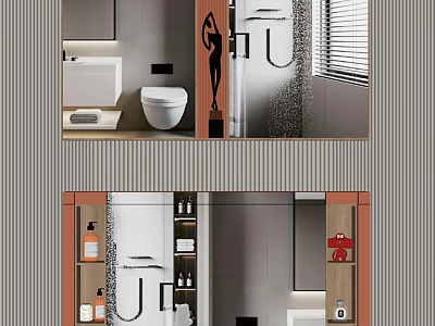 Modern Bathroom Interior Design With Stylish Toilet Storage Cabinets And Mirror 3d model