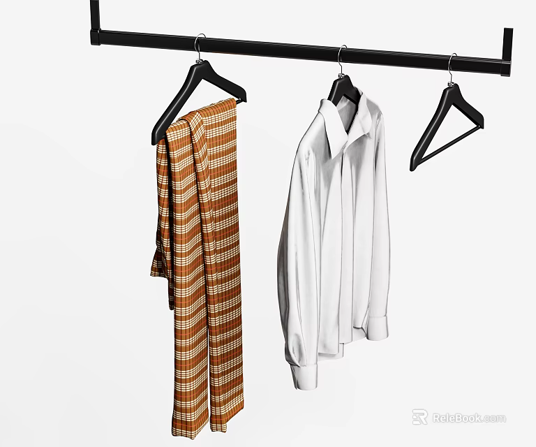 Clothes Hanging on Black Rack with Black Hangers Orange Striped Pants and White Shirt 3d model 
