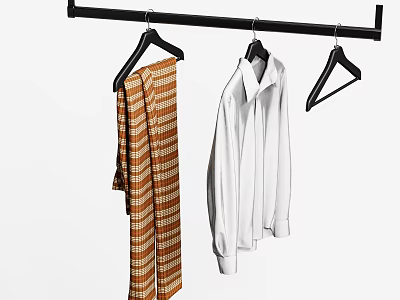 Clothes Hanging on Black Rack with Black Hangers Orange Striped Pants and White Shirt 3d model