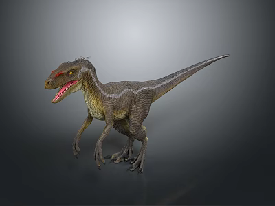 Velociraptor Dinosaur 3D Model In Standing Pose With Open Mouth And Red Eyes 3d model