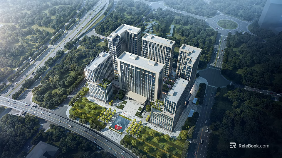 Aerial View Of Modern Office Buildings With Green Landscape And Roads 3d model 